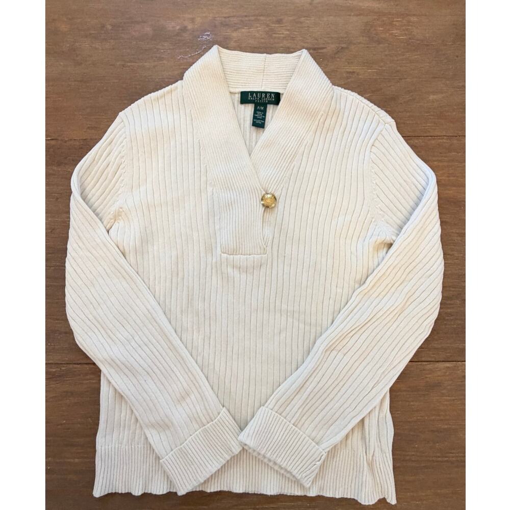 Lauren Ralph Lauren Petite Cream Ribbed Cotton Shawl Collar Sweater P/M
